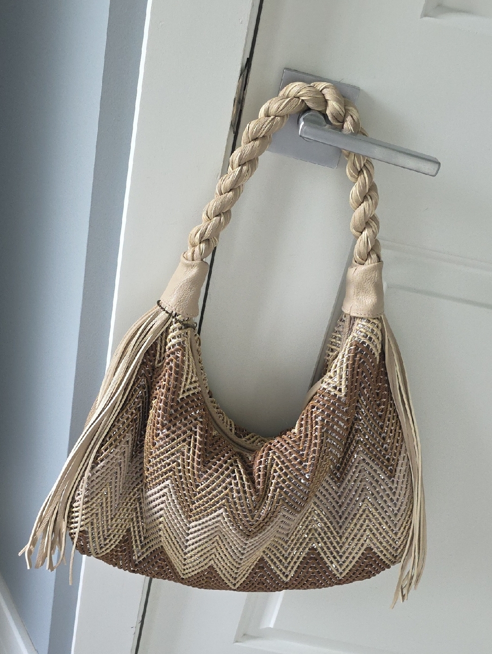 Big Buddha Tan/Brown/Cream Braided Cheveron Pattern Fringe Hobo Bag - Picture 4 of 9